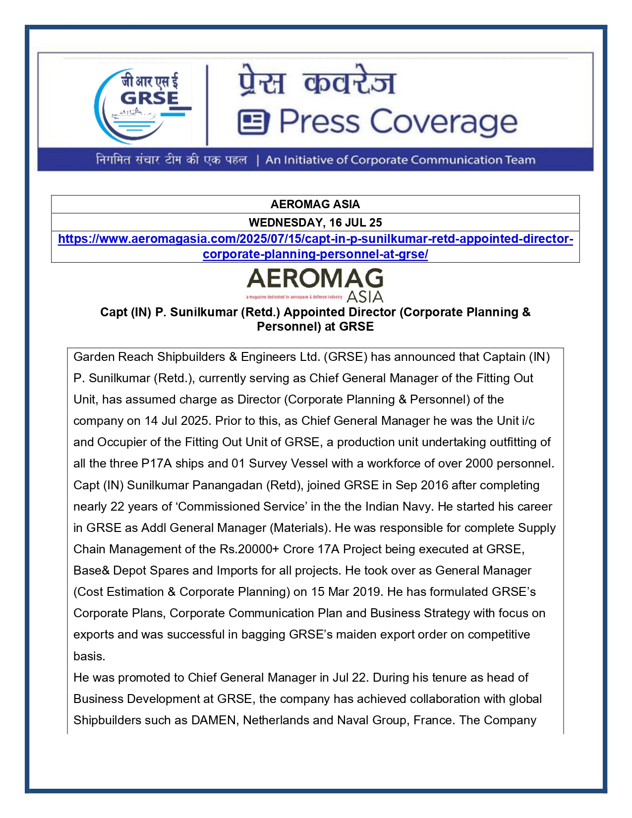 Press Coverage :  Capt P Sunilkumar (Retd) takes charge as Director  at GRSE Ltd